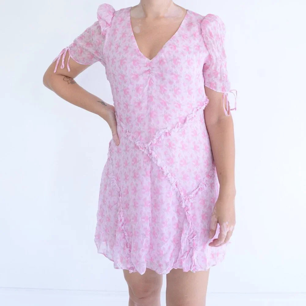 LoveShackFancy  Rose Patch Pink Floral Posh Ruffle Mini Dress 6 NWT